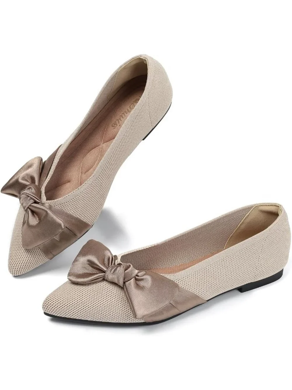 Women's Beige Mesh Pointed Toe Ballet Slip On Comfortable  Flats with Bow Shoes